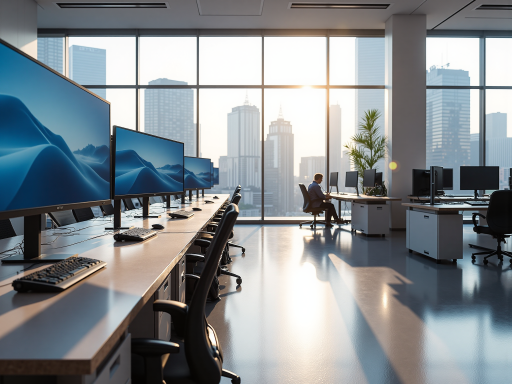 Professional team working in modern office environment with multiple monitors and collaborative workspace setup, blue theme interior design